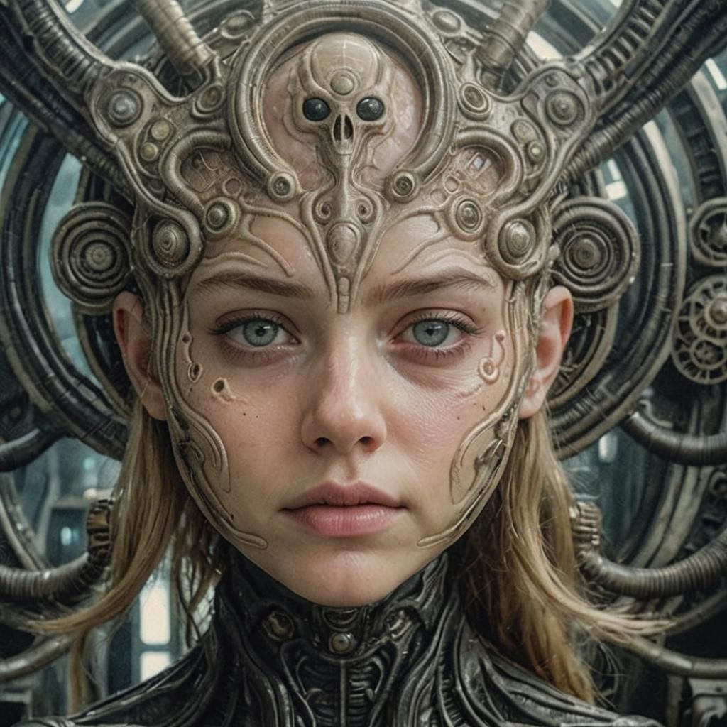 Sydney Sweeney calm face, HR Giger style, alien environment
