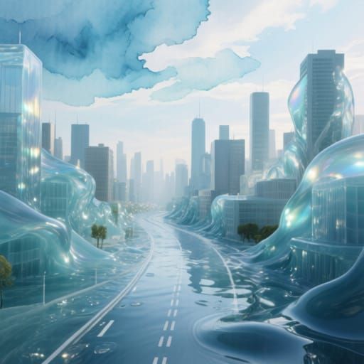 Imagine a city made only with water. Buildings are water shaped and the road is made of laying water. The sky is drawn in water and everythi...