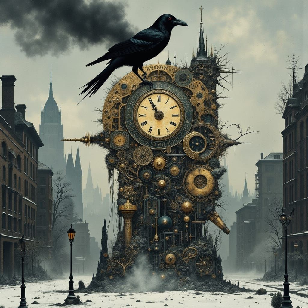 Clockwork Raven on Baroque Automaton in Steampunk Gothic Cit...