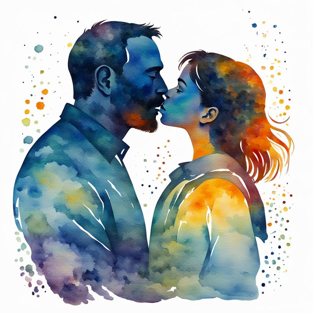 Watercolor silhouette of Father kisses to daughter isolated ...