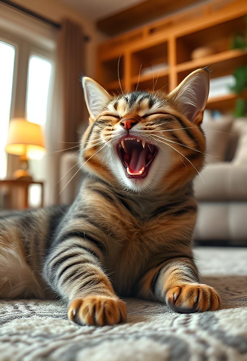 The cat stretches and yawns