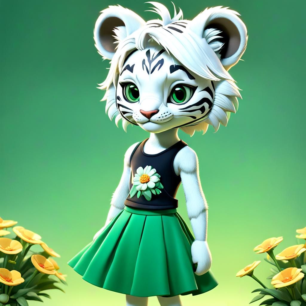An anthropomorphic tall female white tigress cub wears a tan...