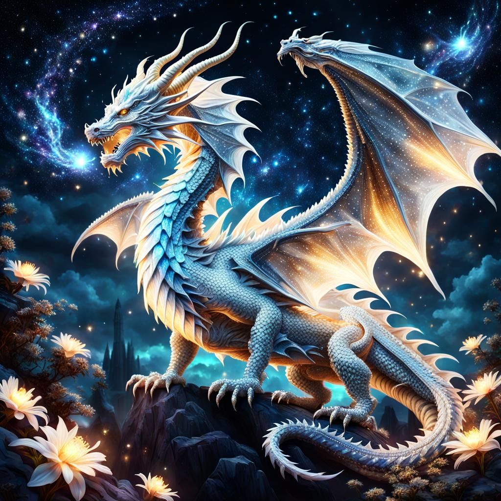 glittering white crystal fantasy full body dragon surrounded by glowing ...