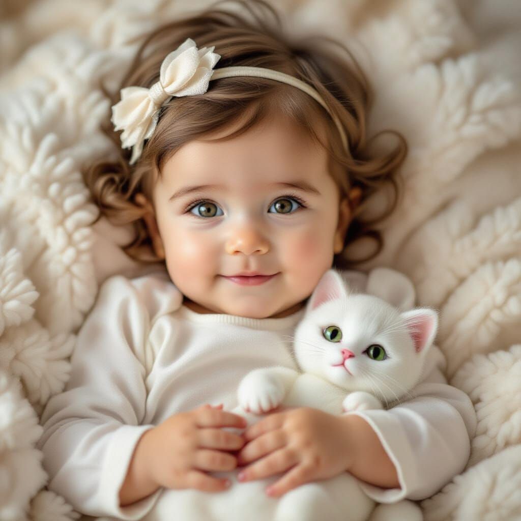 Blonde Baby Girl Holding White Kitten