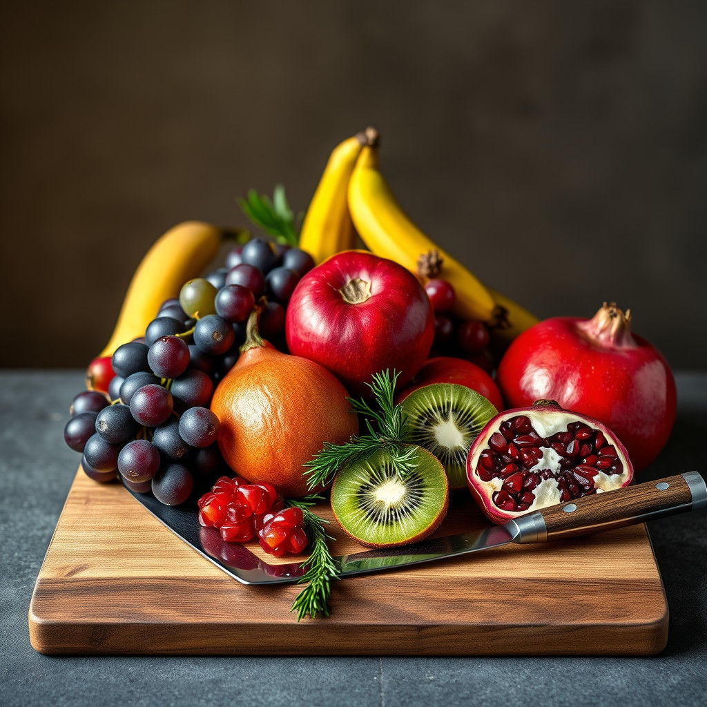 Hyperrealistic Still Life of Exotic Fruit with Knives
