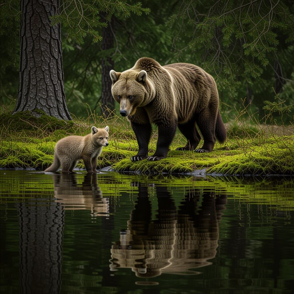 Majestic Lion Reflection in Dark Forest Lake