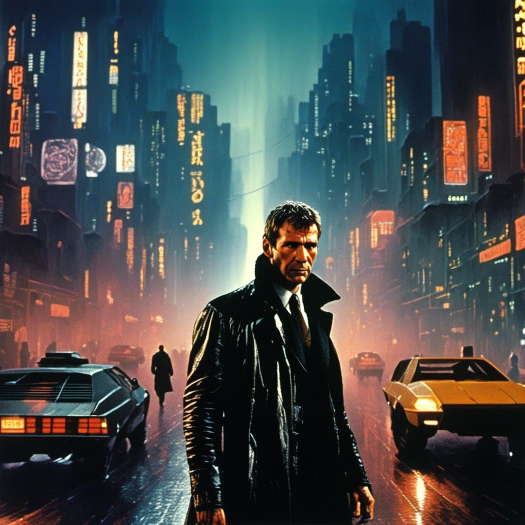 harrison ford as blade runner in cyberpunk street with cyberpunk ...