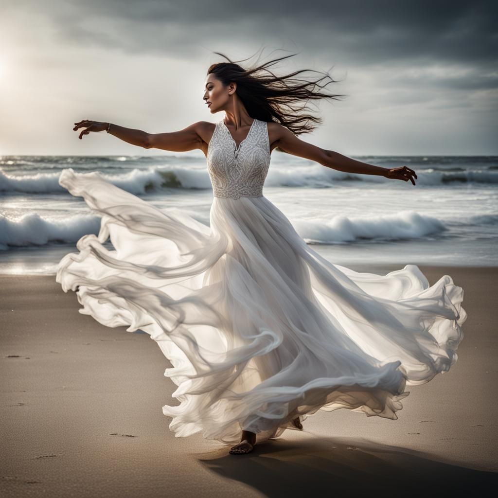 a  beautifull lady dancing 
in a white flowing dress on the ...