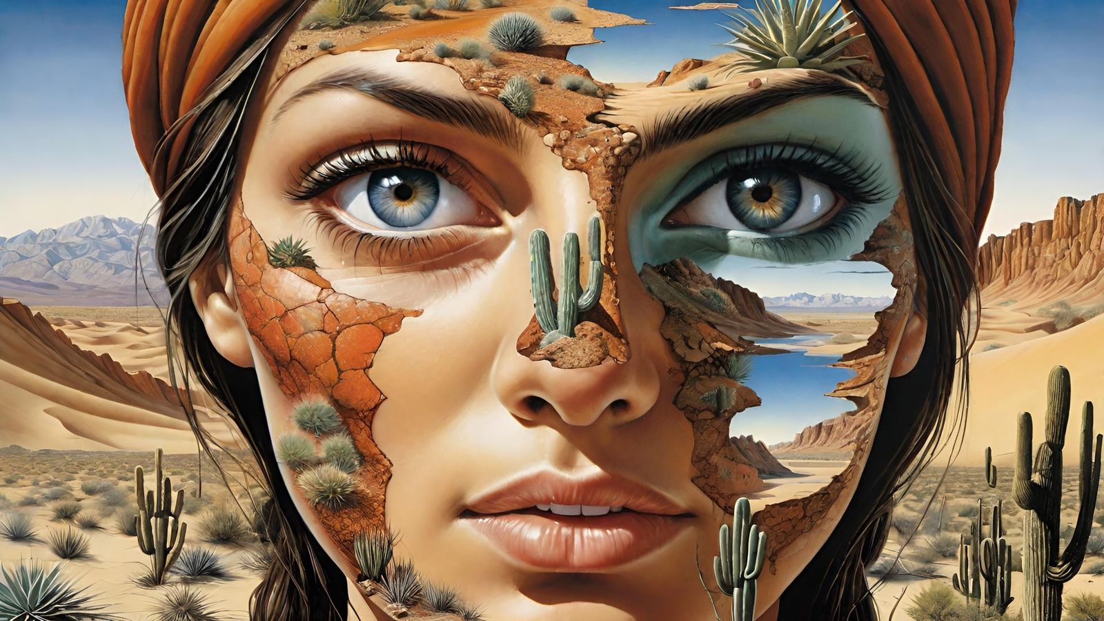 A close woman figure stands in the center of a vast desertsc...