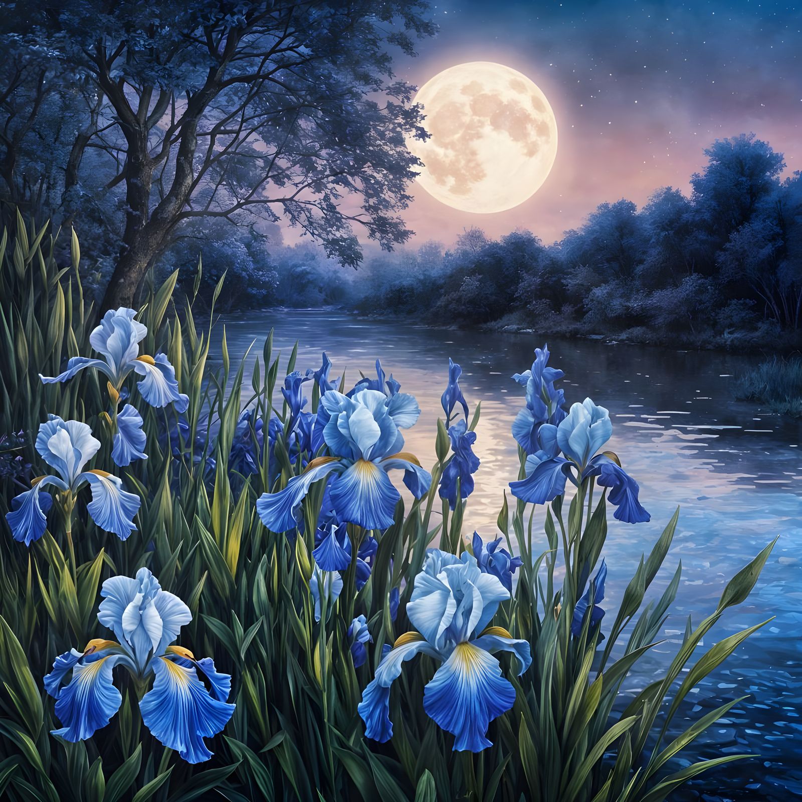 Beautiful blue irises growing near a river, a blue moon glimmering on the river. High resolution.   by @Irene