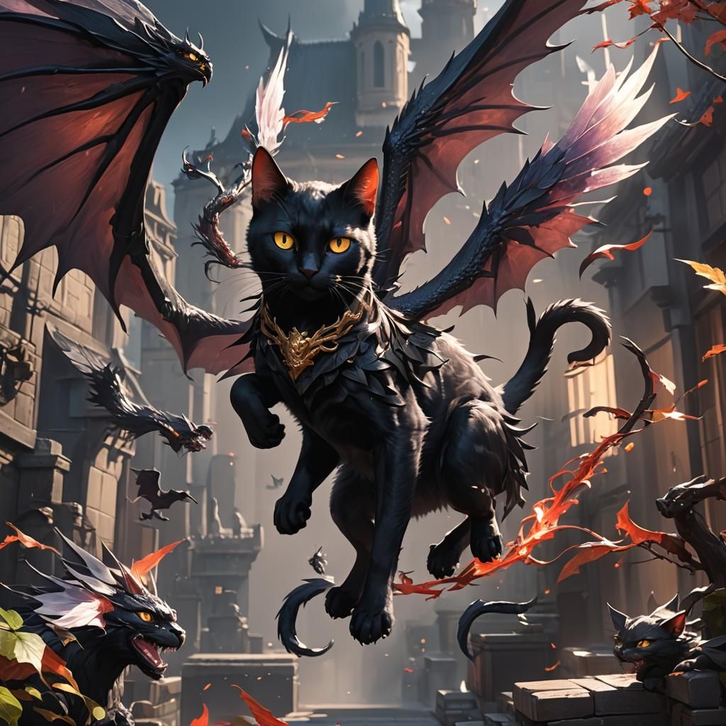 A black cat with dragon wings