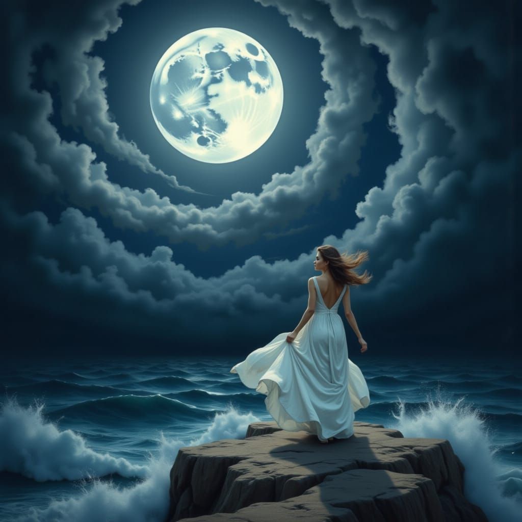 <lora:Beautiful Moon:1.0> A lone woman stands on a rocky cliff overlooking a dark ocean. The sky is filled with swirling clouds and a super ...