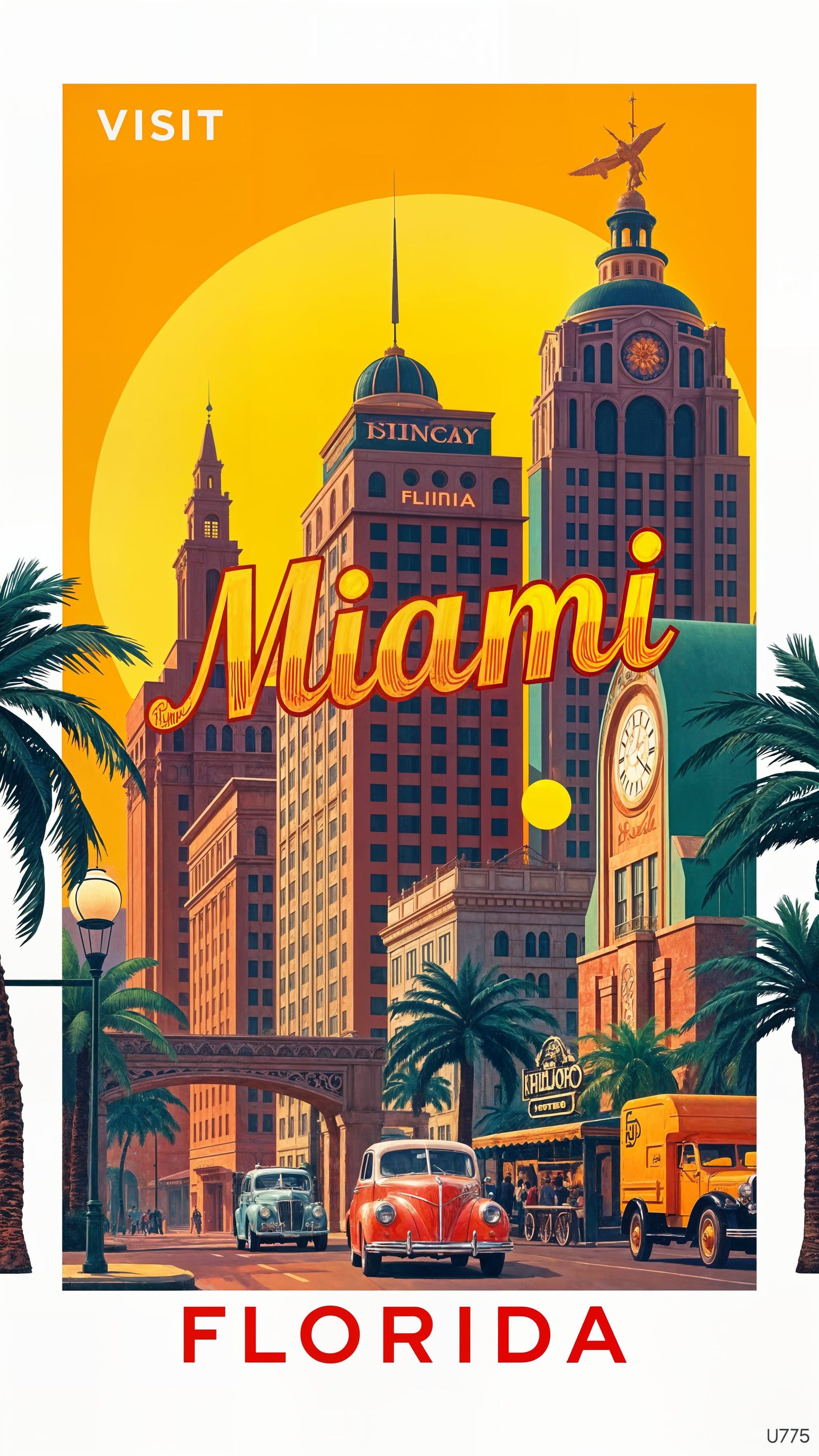 An intricate old-fashioned poster of Art Deco Miami, triadic colors, white border around poster, bold ...  by @Bunnzo