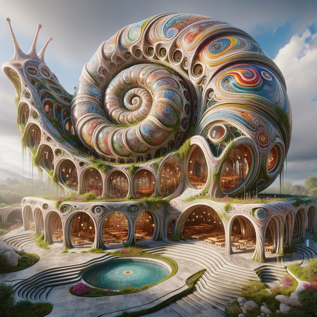 lora:MJ6 Surreal Builds:1.0 Giant Snail Shell Pavilion: A pavilion shaped like a giant snail shell, with ...  by @morr5750