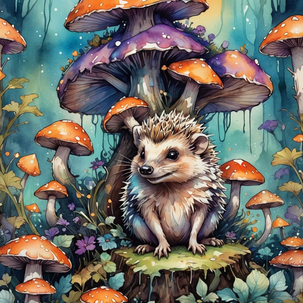 Smiling hedgehog under a mushroom . Doodle style, clear, det...