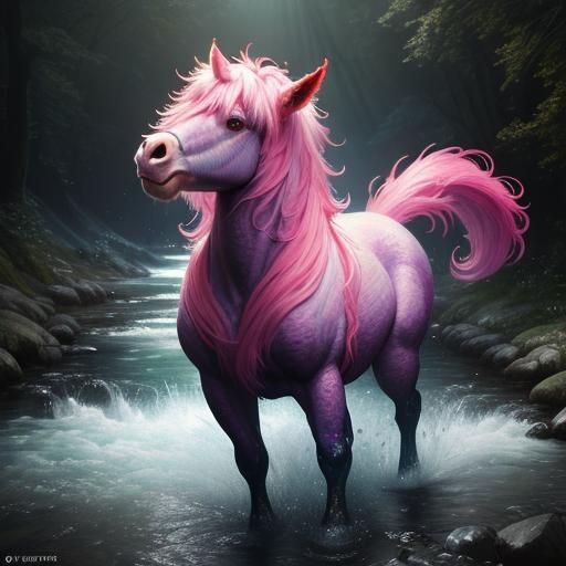 hyper realistic cute fluffy hot pink kelpie-horse fantasy cr...