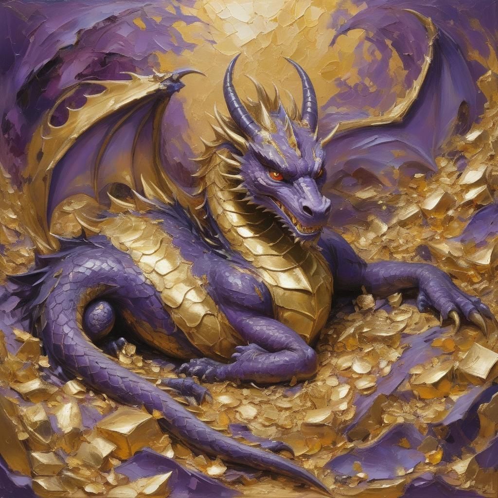 the purple elegant dragon, who loves gold, is lying impressi...