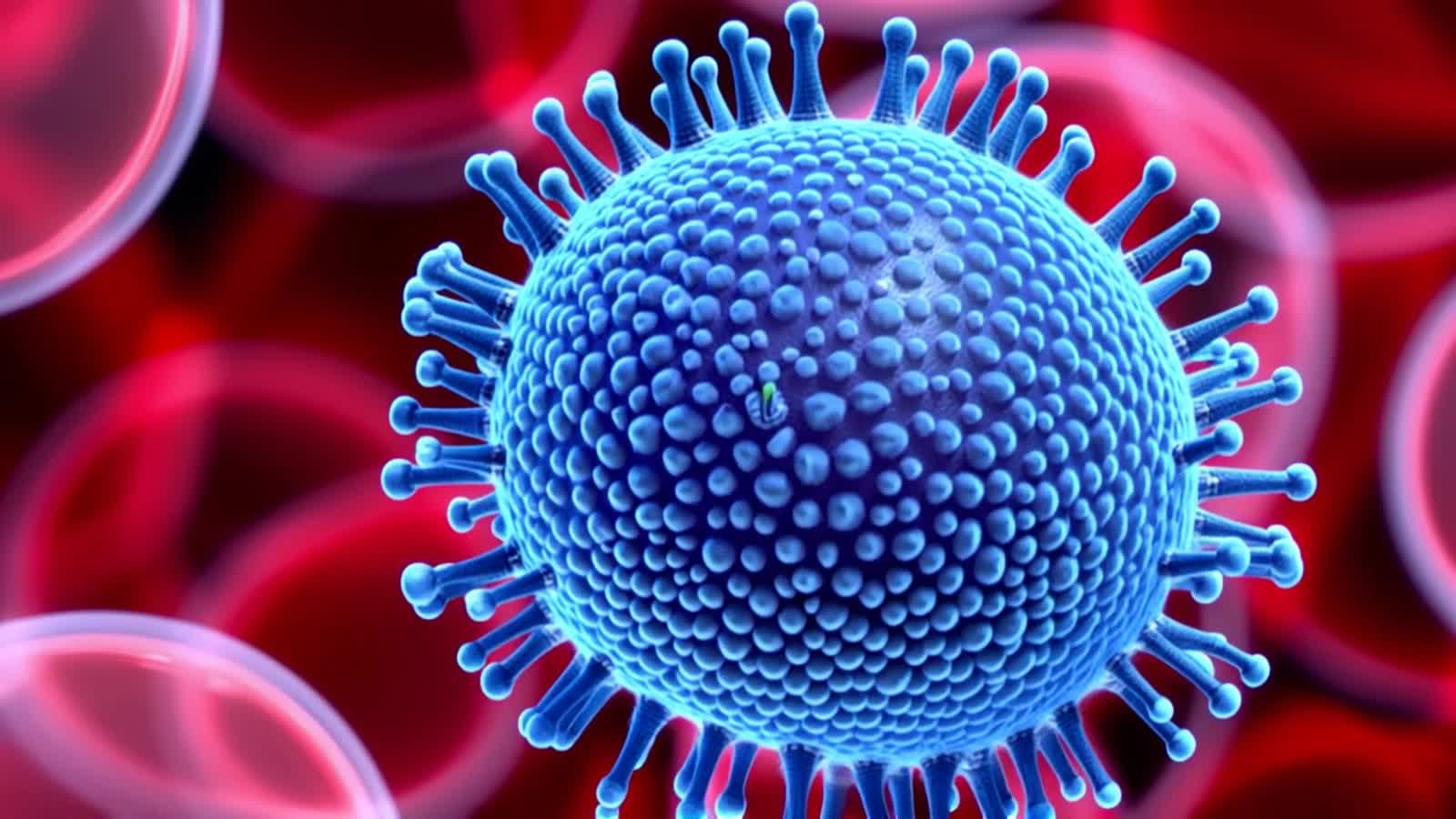 A hyper-detailed 3D rendering of a blue spherical virus particle with numerous spike proteins protruding from its surfac...