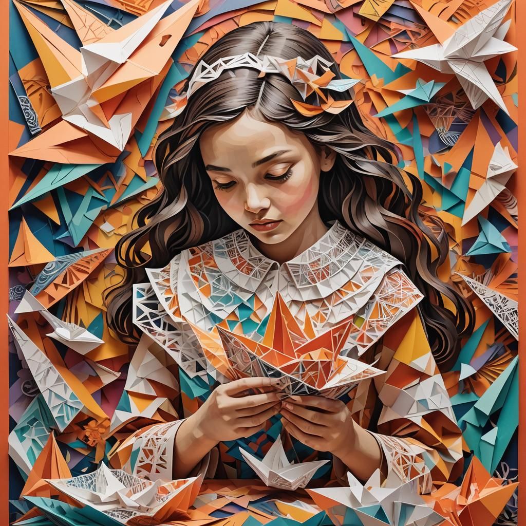 Girl with Paper Ship in Cubist Origami Style