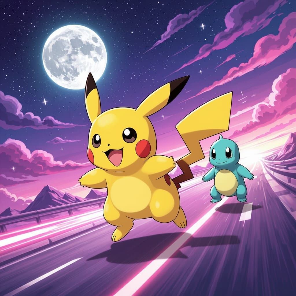 Een pokemon in een actie met als achtergrond een snelweg op de maan met felle roze en paarse kleuren