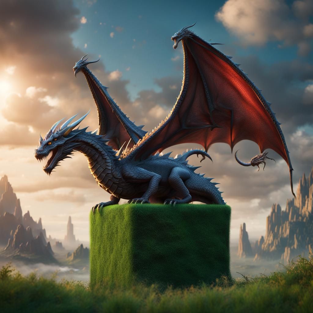 A dragon sitting on a grass cube in the sky