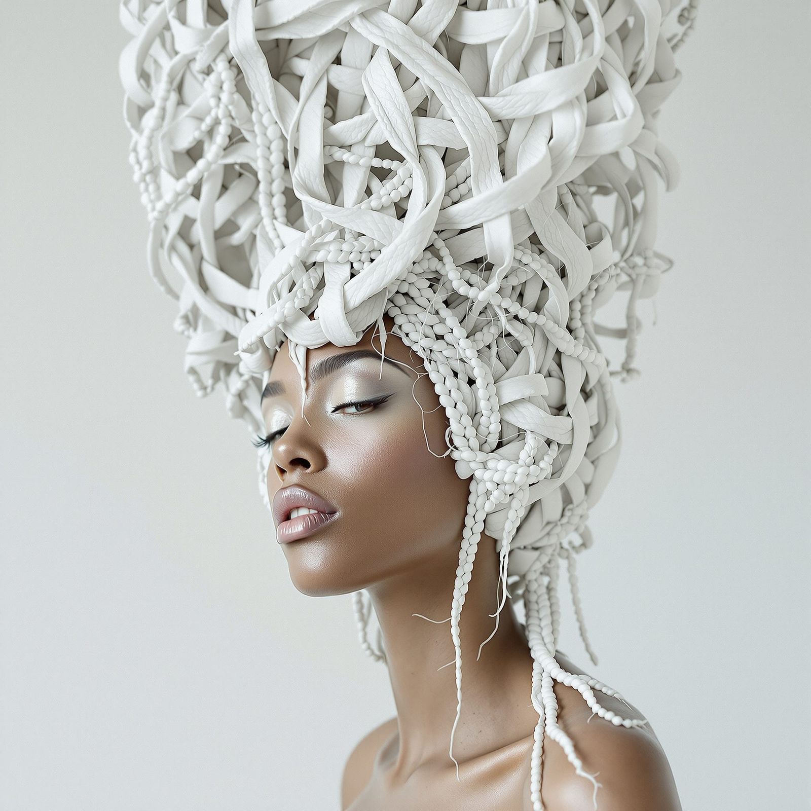 A serene portrait of a woman with hair intricately braided into a towering, abstract white sculpture, ...  by @Dancing Bear 