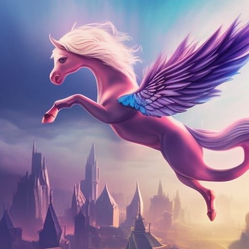 Ariel view Fantasy city with Pegasus flying above pastel and...