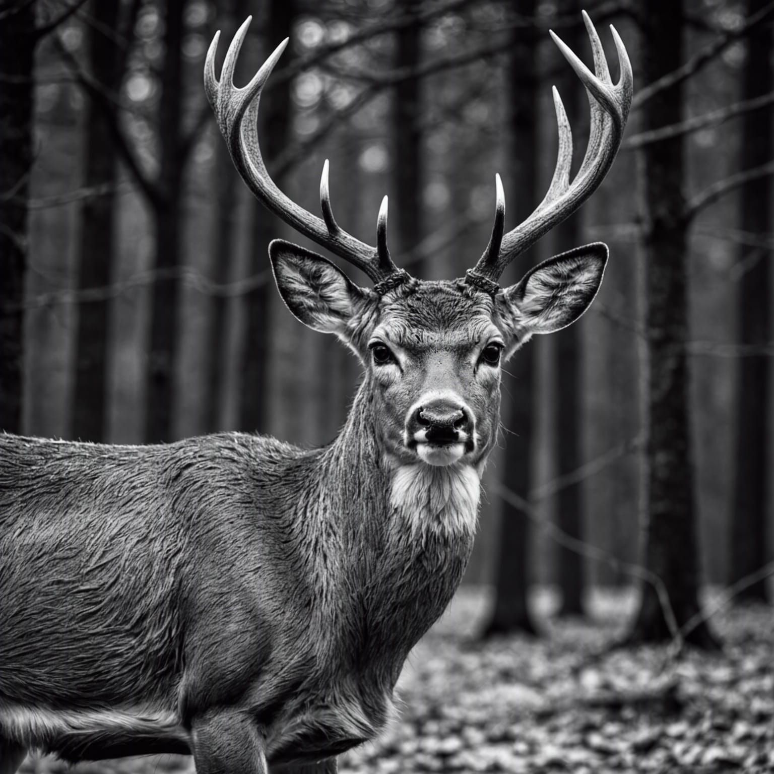 black and white image of a white tailed deer intricate details, HDR ...