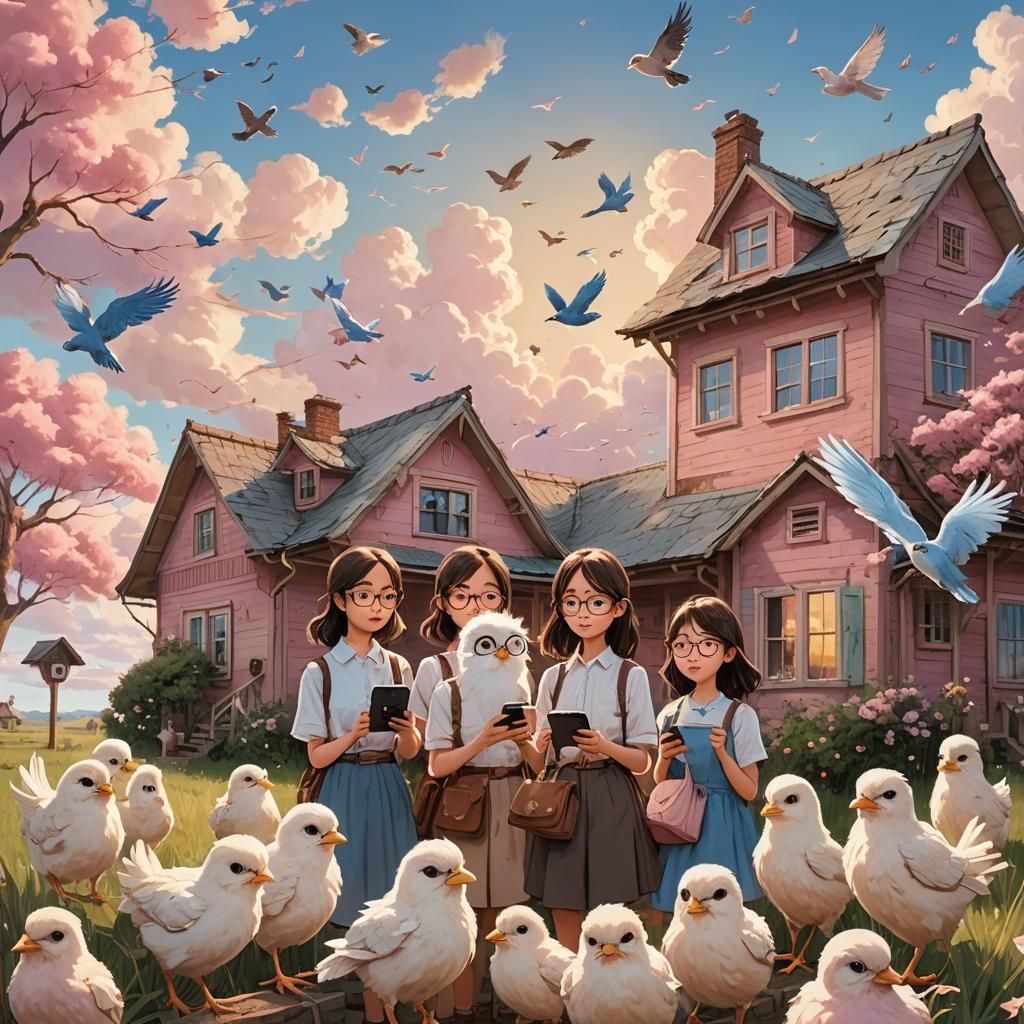 Whimsical Chicks Under Pink Skies, Fantasy Art