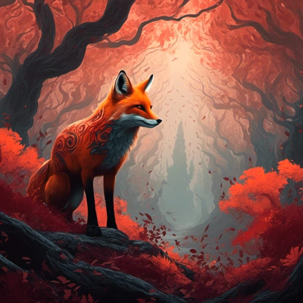 <lora:HaidaStyle:1.0> a fox in Black tangerine burgundy and peach Haida style 