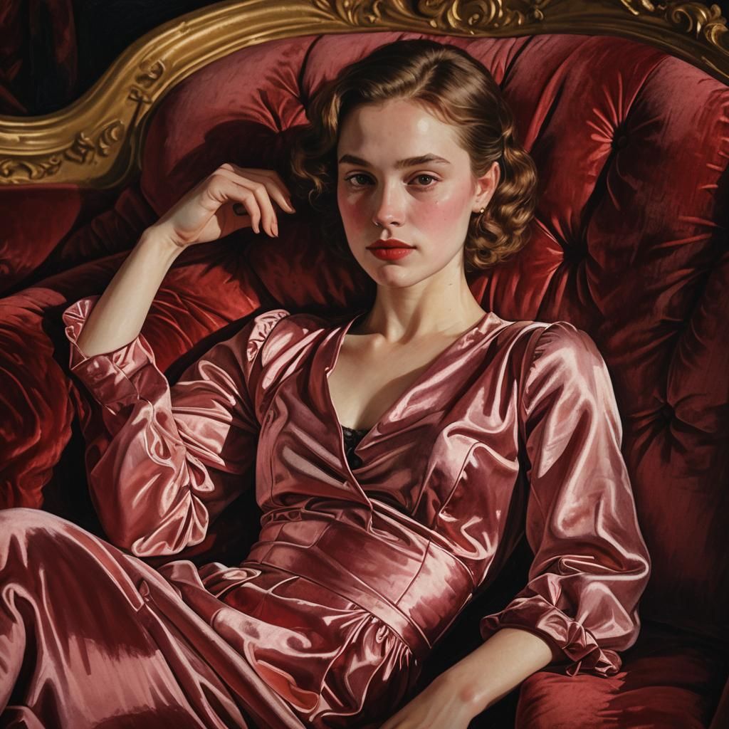 A study of a cute figure reclining on a plush, crimson velve...