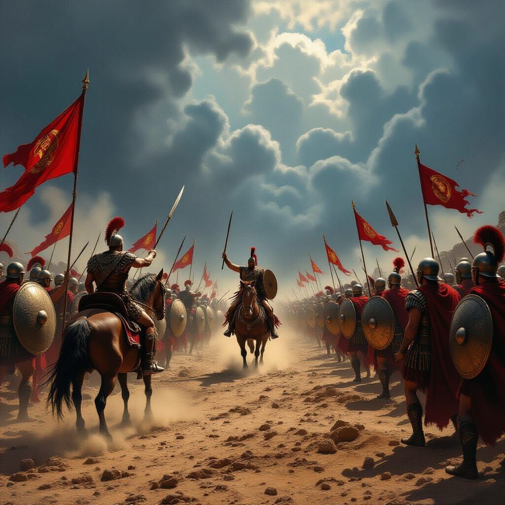 A vast, dusty battleground stretches under a stormy sky, where the rugged army of Spartacus, clad in tattered leather and wielding makeshift...