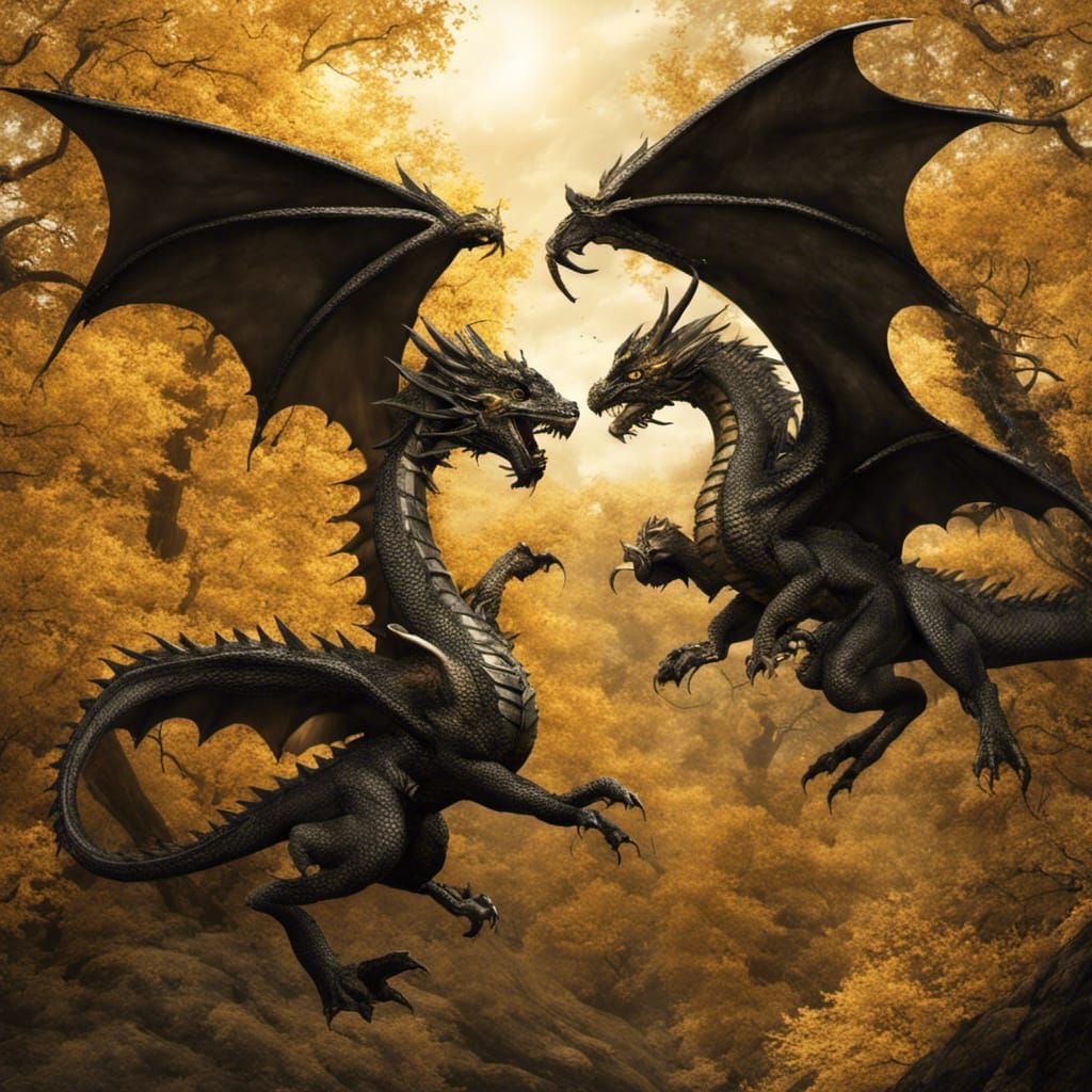 a battle of two dragons in flight over a golden forest. One ...