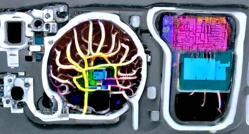 detailed schematics of a human brain to computer device, MRI...