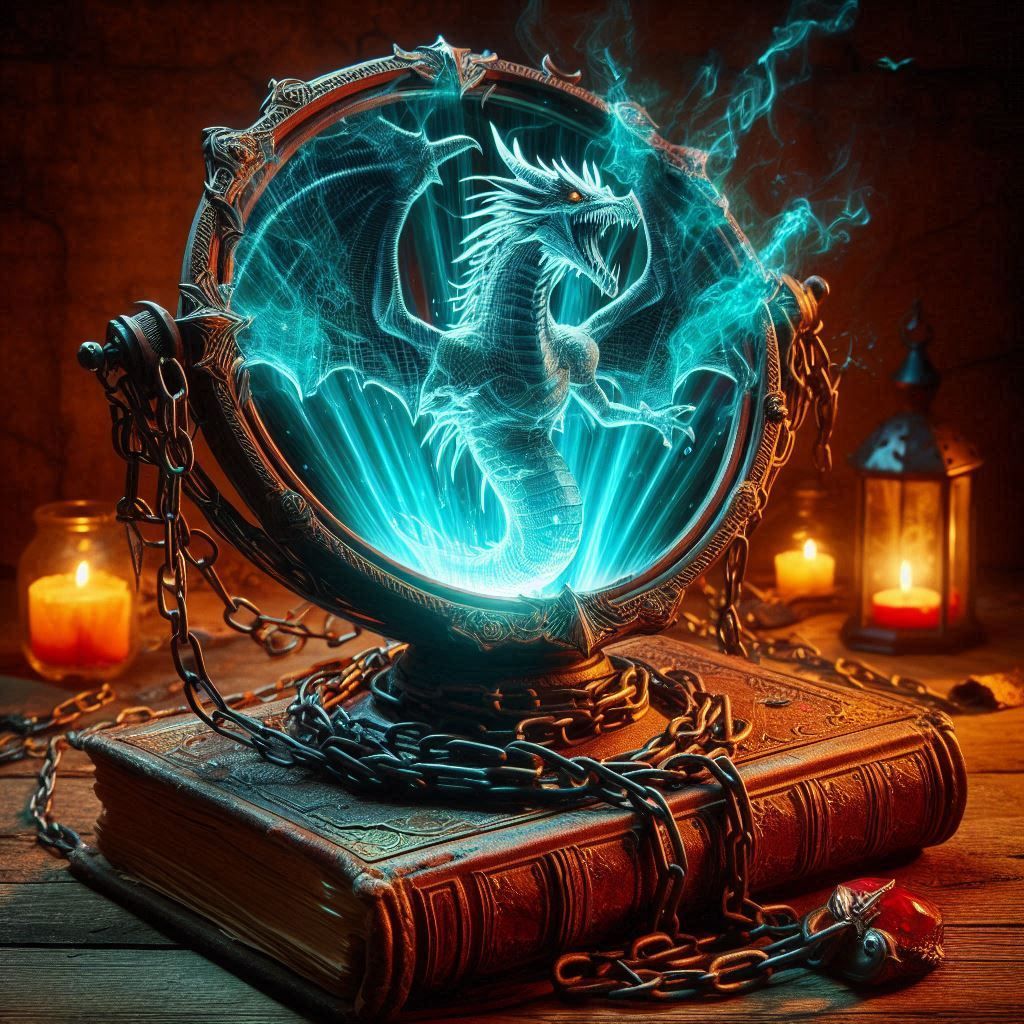A magical Elvin mirror sitting on top of an old magical grimoire