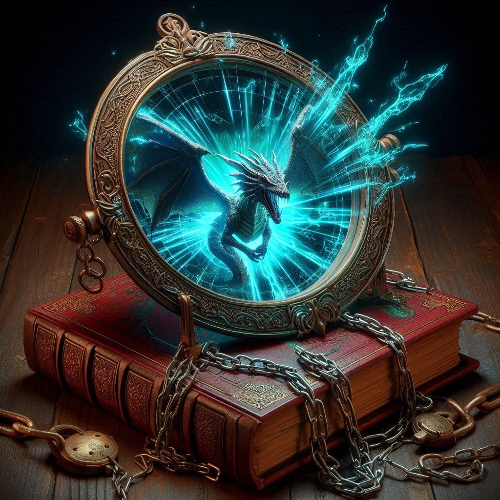 A magical Elvin mirror sitting on top of an old magical grimoire