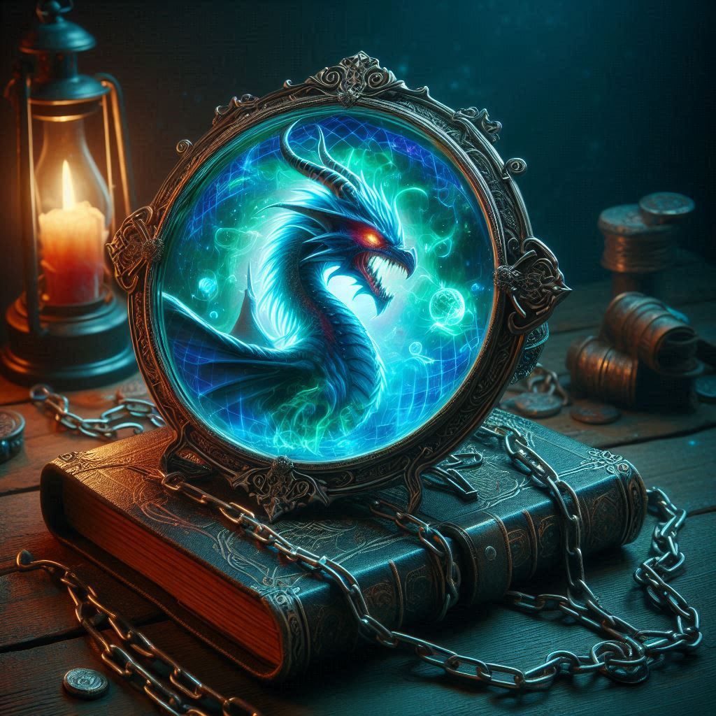 A magical Elvin mirror sitting on top of an old magical grimoire