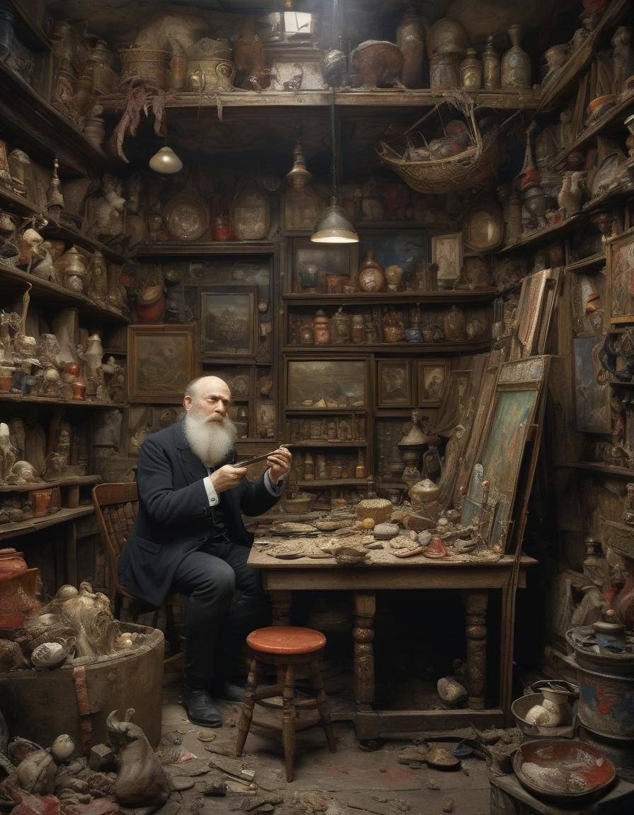 James Ensor in his studio, painting "The Oyster Eater" 