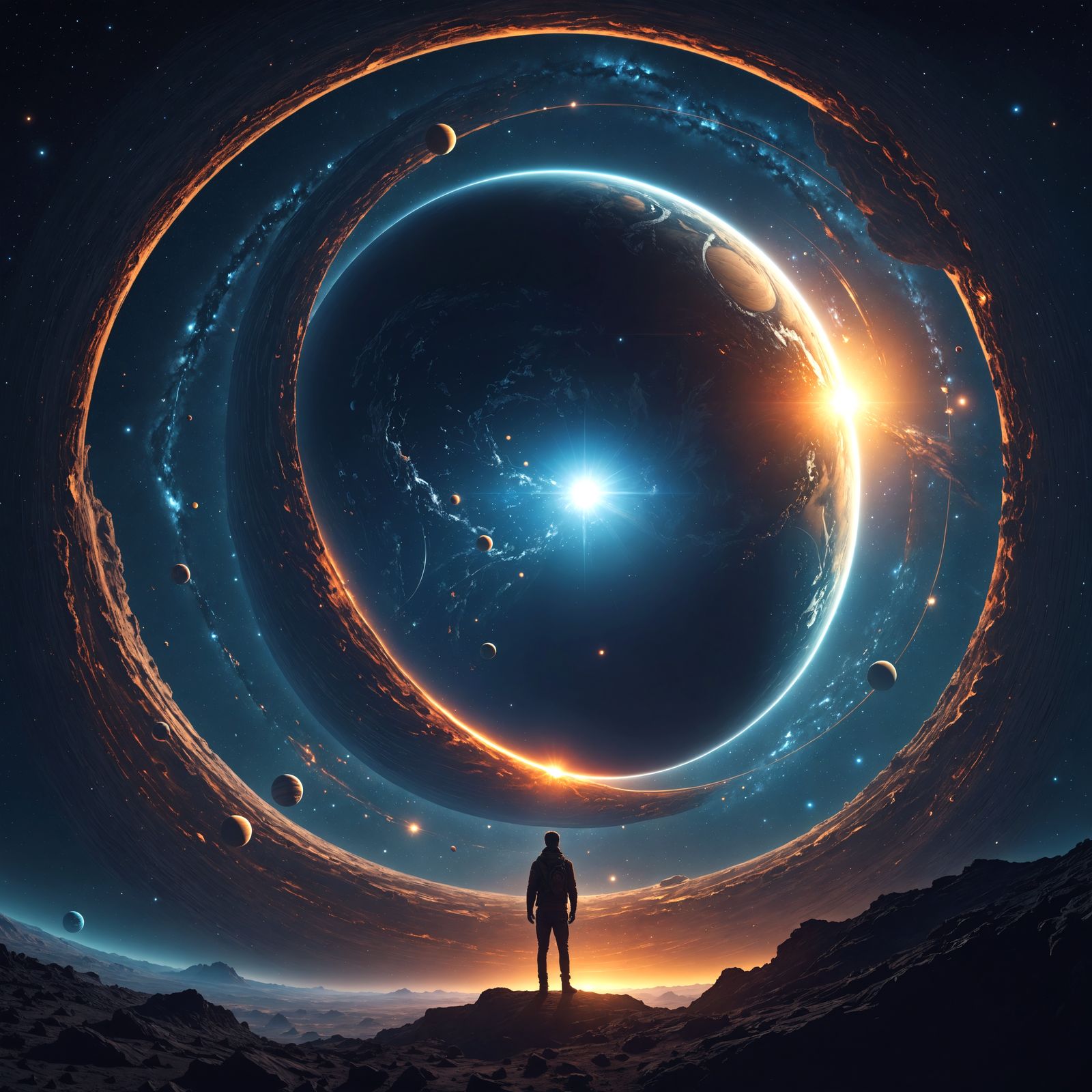 The image features a man standing in front of a large, circu...