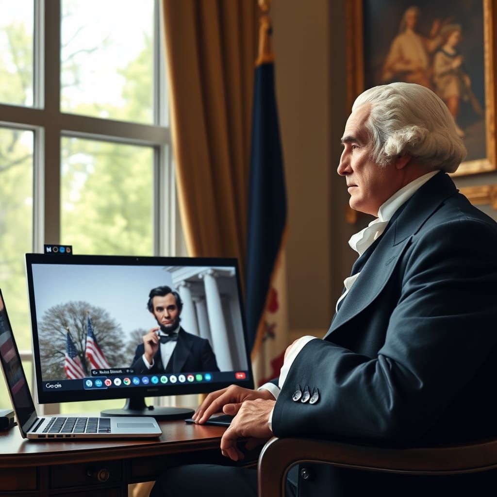 Abraham Lincoln having a Zoom Meeting with George Washington