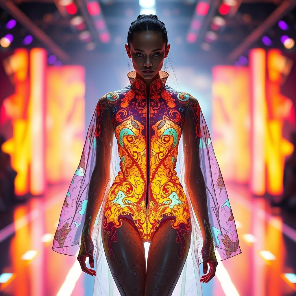 a model walking on a glowing catwalk in a futuristic fashion show, wearing digital clothes that change ...  by @undefined