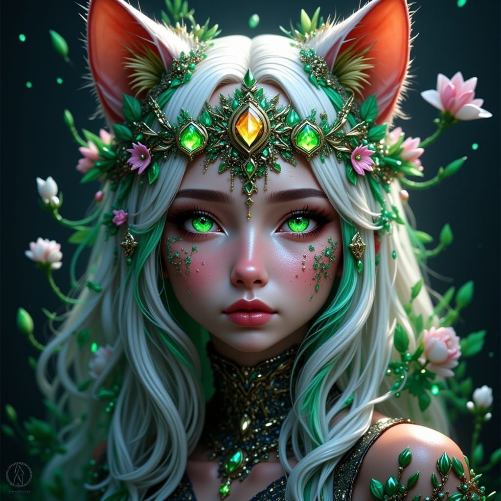 <lora:EthierUnreal Fx:1.0>, cat girl, anthropomorphic cat girl, lush flora, green glowing flower eyes, long hair, detailed head and shoulder...