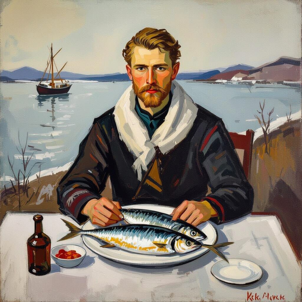 Herring in Vintage Nordic Style, Bold Brushstrokes