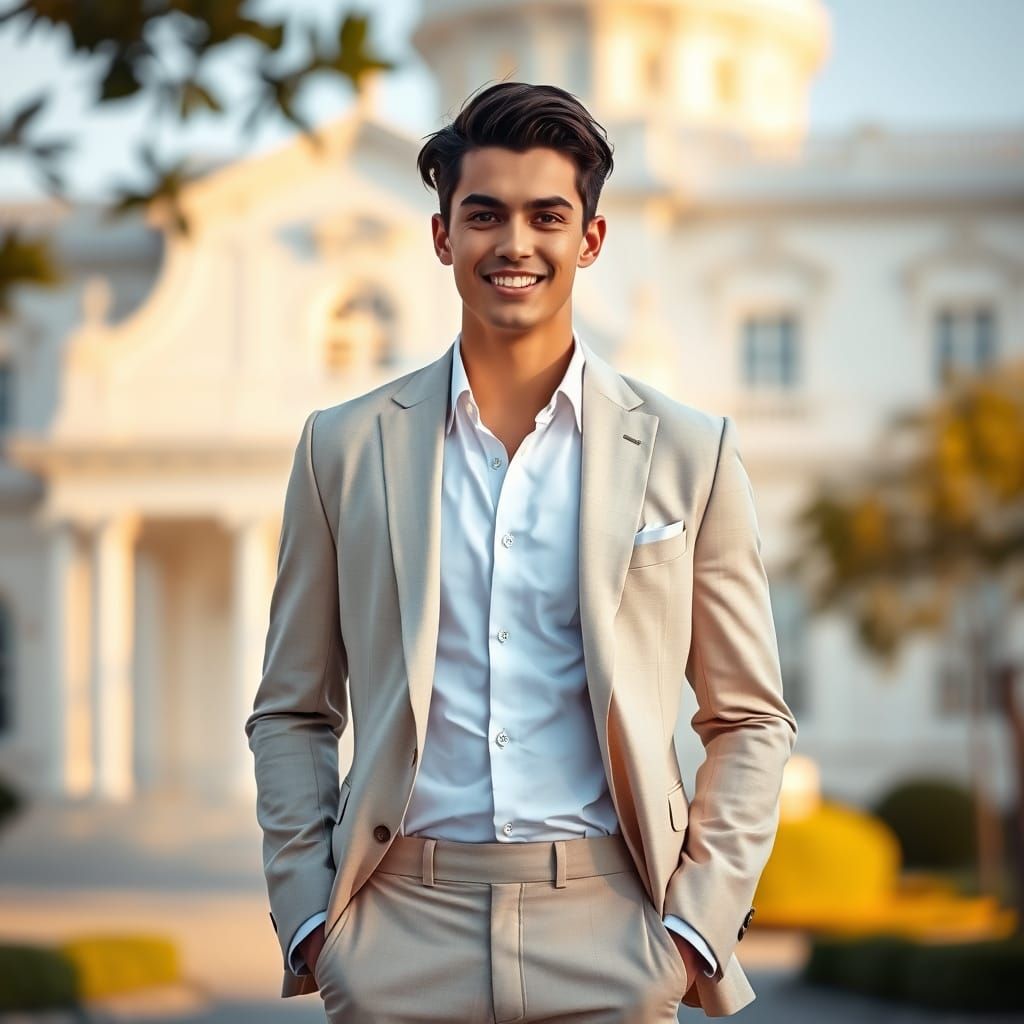 Elegant Young Man in Light Suit Against White Building