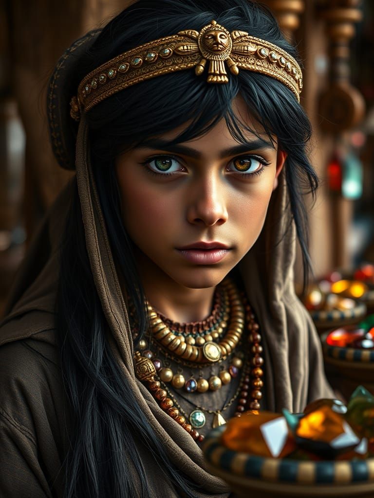 a professional photo of a eleven year Egyptian princes,(futuristic),(masterpiece), (realistic), (perfect ...  by @Jacky67