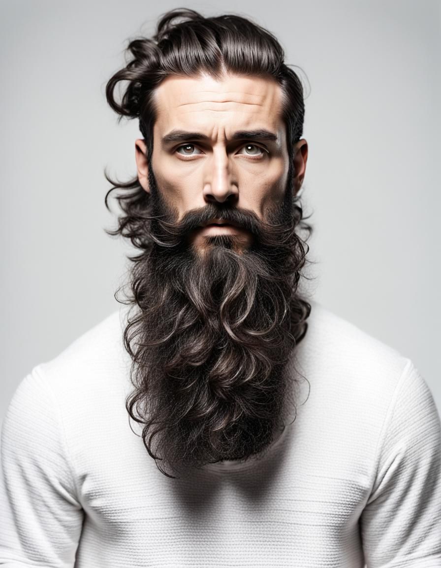 Photograph, man, model pose, minimalist, stylish nessy long hairstyle, profound gaze, solid white environment, studio lights setting,...