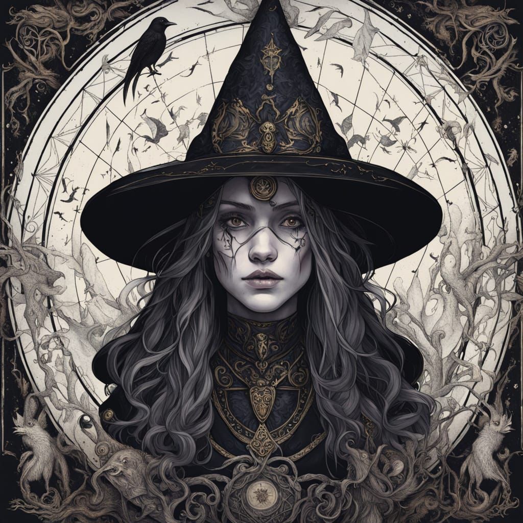 A beautifully detailed playing card design, featuring the portrait of a witch. The upper half shows her as young, elegant, and enchanting, w...