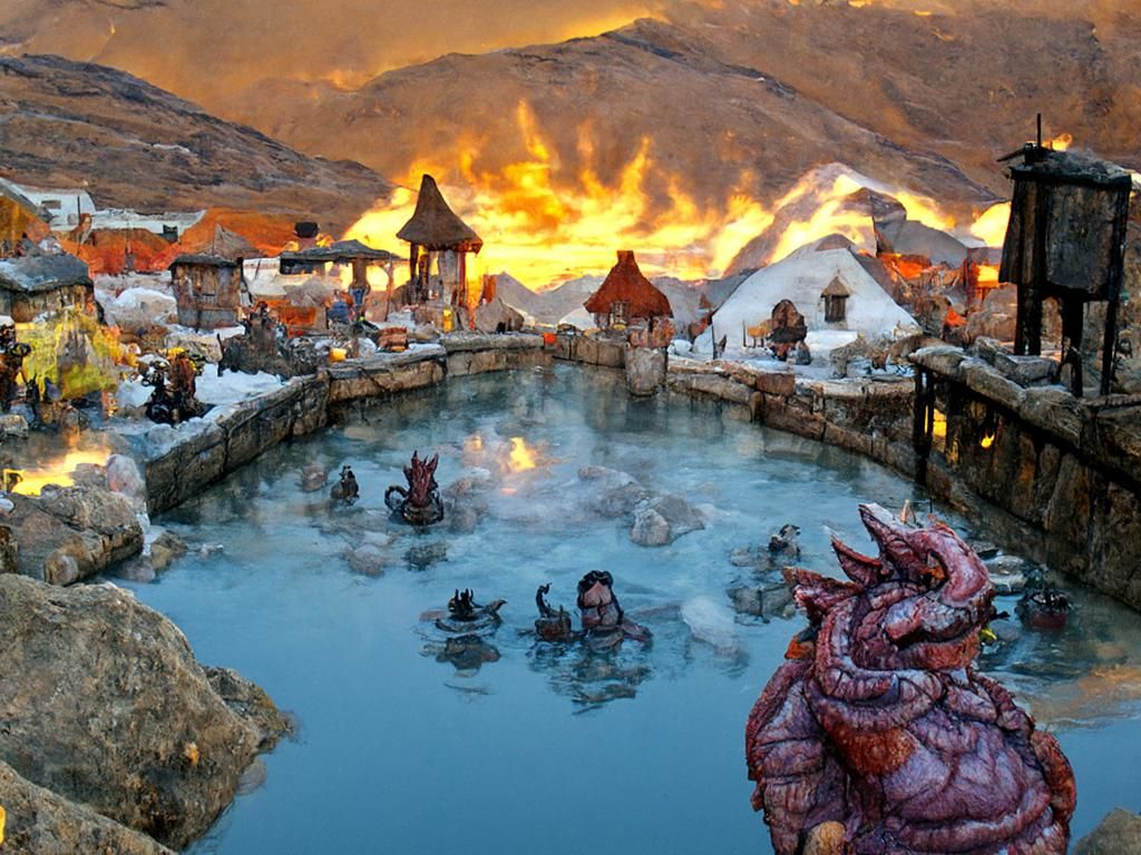Town Hot Spring heated by Dragons at Sunset