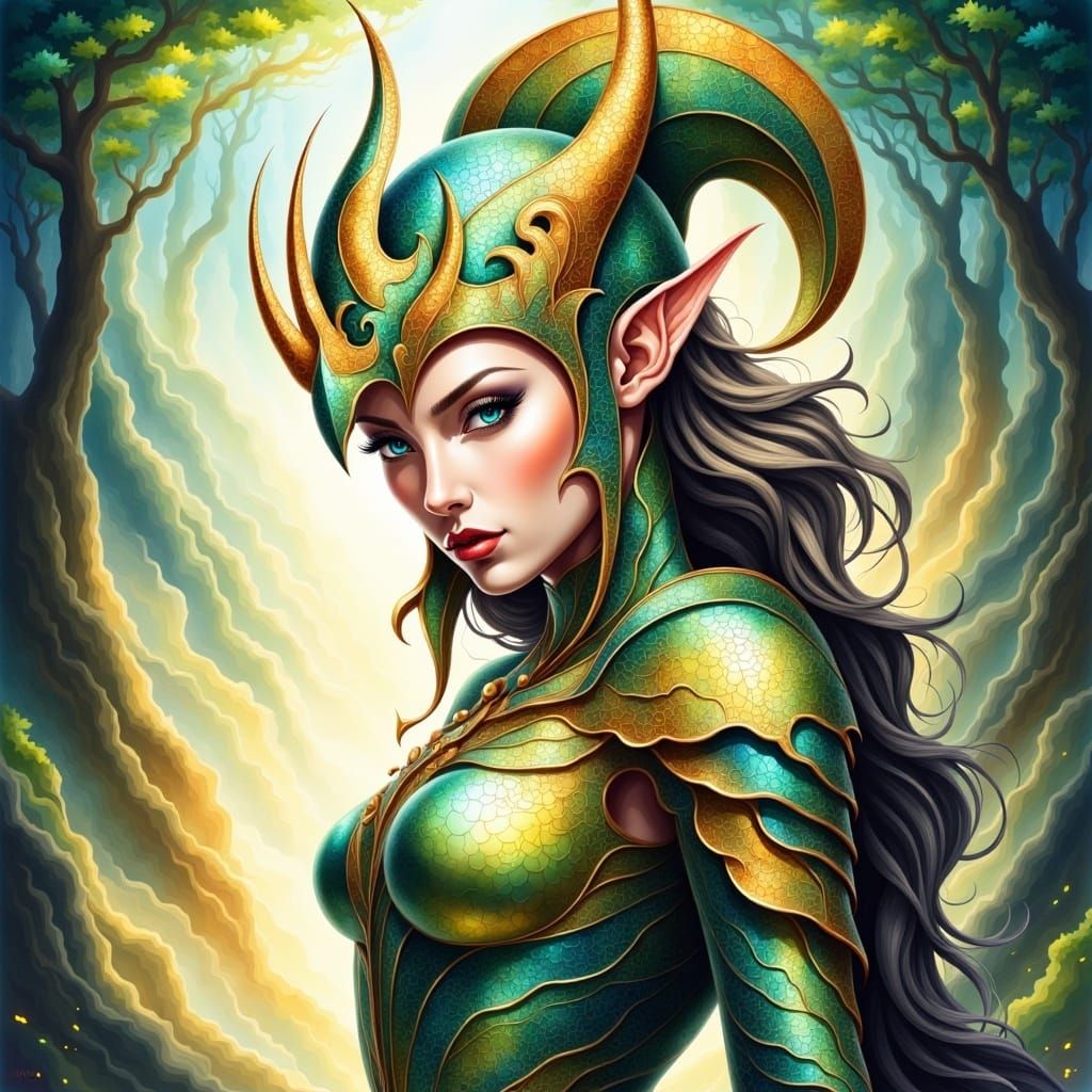 <lora:Colorful Magic Flux:1.0> full body shot, by amanda clark,  Alex Grey, stunning elfic helmet of the queen of the elves, warrior armor,...