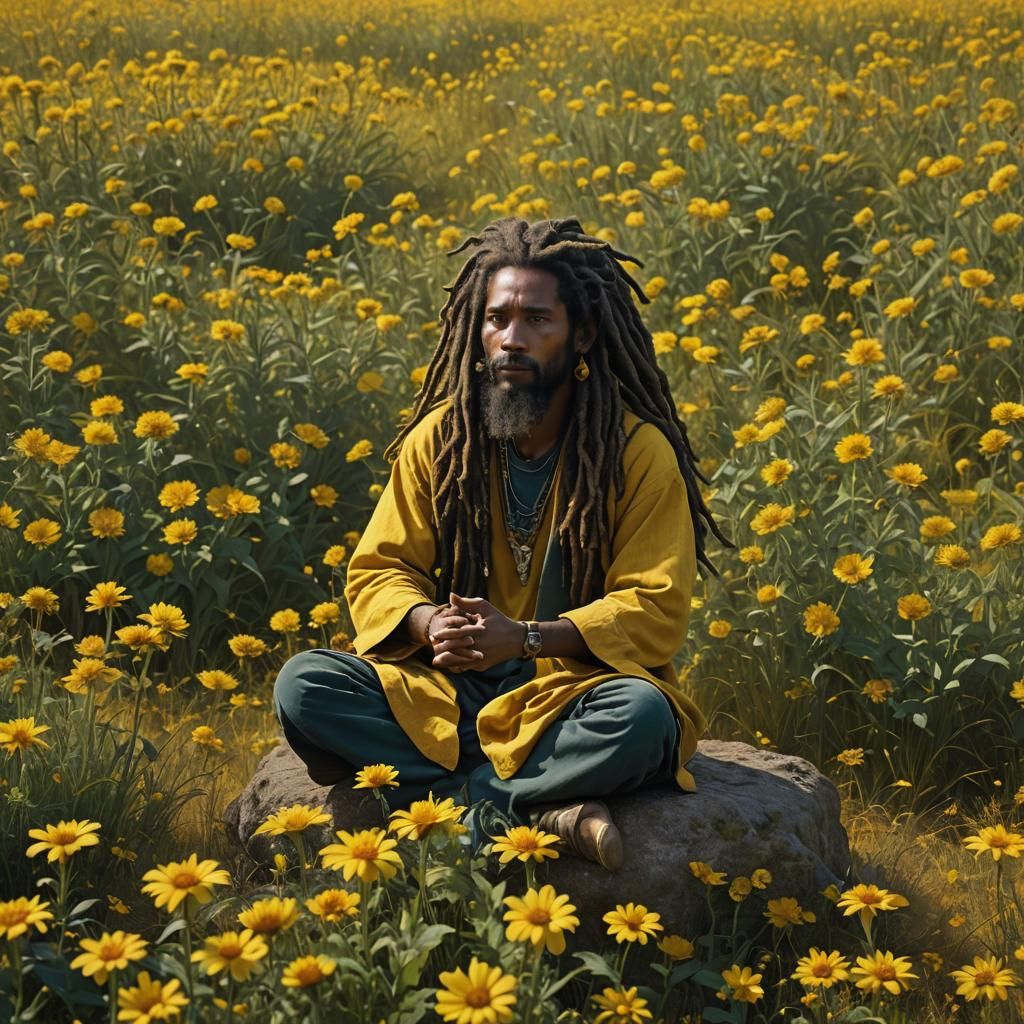 A Rastafarian with long dreadlocks meditating in a field of yellow ...